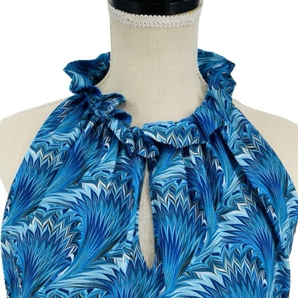 Ramy Brook Aiden Dress Azure Multi Ruffle Collar Key Hole Front Mini high neck